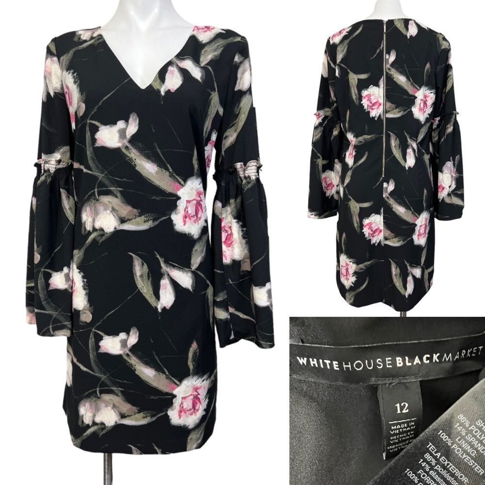 White House Black Market Floral Sheath Bell Sleeves Dress Sz 12